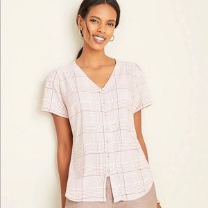 Ann Taylor Plaid Covered Button Puff Sleeve Top - Small